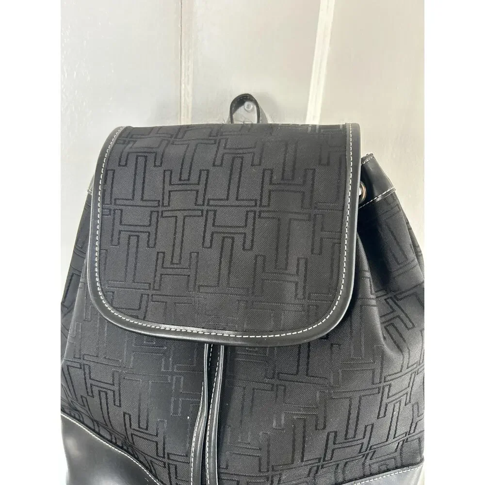 Vintage 1990s Black Mini Backpack Purse | Faux Leather Trim 90s Tommy Hilfiger